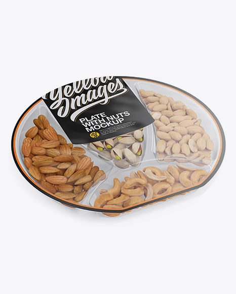 Plate with Nuts in Matte Film Mockup - Half Side View (High Angle Shot)