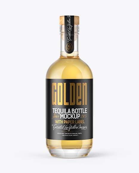 Tequila Gold Bottle with Wooden Cap Mockup