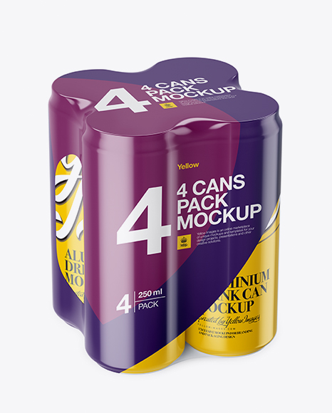 4 Glossy Cans in Shrink Wrap Mockup - Half Side View (High Angle Shot)