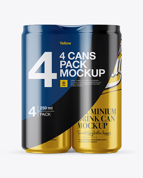 4 Metallic Cans in Shrink Wrap Mockup - Front View