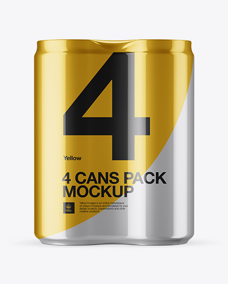 4 Cans in Metallic Shrink Wrap Mockup - Front View