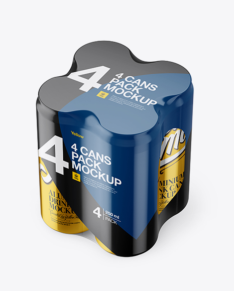 4 Metallic Cans in Shrink Wrap Mockup - Half Side View (High Angle Shot)