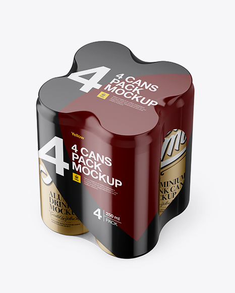 4 Matte Metallic Cans in Shrink Wrap Mockup - Half Side View (High Angle Shot)