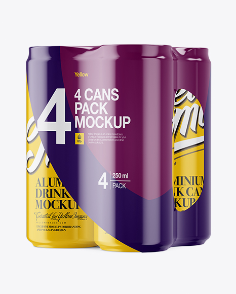 4 Glossy Cans in Shrink Wrap Mockup - Half Side View