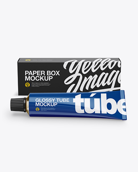 Glossy Cream Tube & Paper Box Mockup (High Angle Shot)