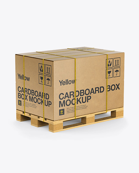 Wooden Pallet With Kraft Box & Straps Mockup - Half Side View