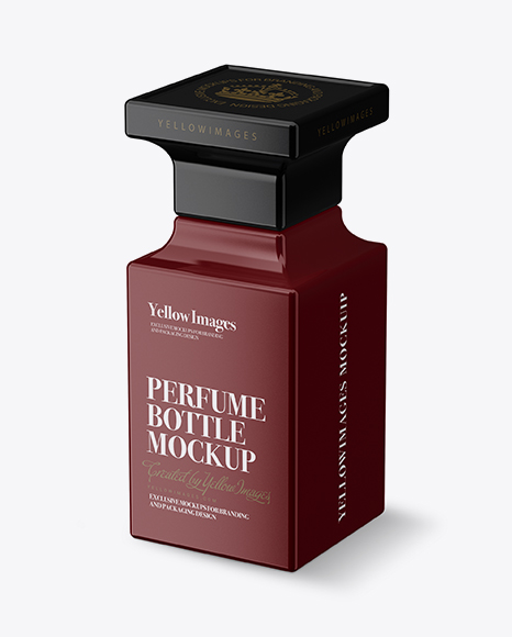 Square Glossy Perfume Bottle Mockup - Halfside View (High-Angle Shot)