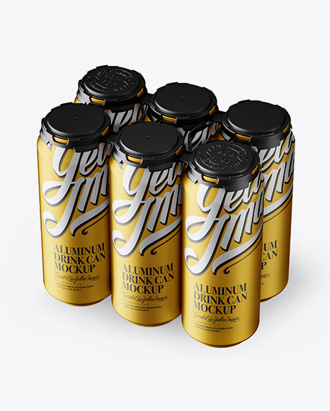 Pack with 6 Matte Metallic Aluminium Cans with Plastic Holder - Half Side View (High-Angle Shot)