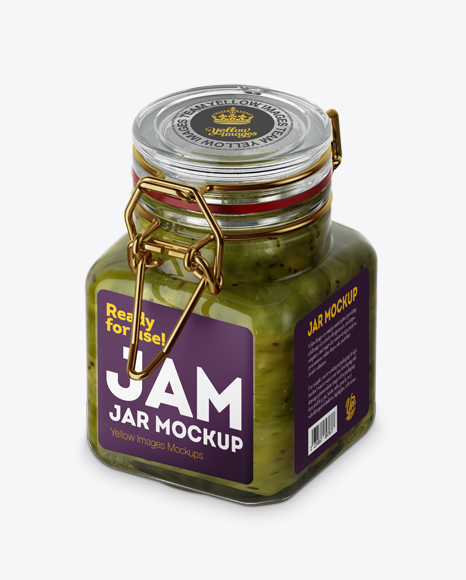 100ml Glass Kiwi Jam Jar w/ Clamp Lid Mockup - Half Side View (High-Angle Shot)