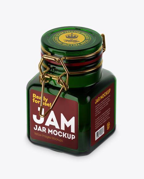 100ml Green Glass Jam Jar w/ Clamp Lid Mockup - Half Side View (High-Angle Shot)