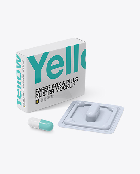 Pills Box With Glossy Blister Mockup - Half Side View