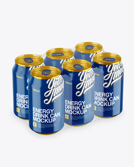 Transparent Pack with 6 Glossy Cans Mockup - Halfside View