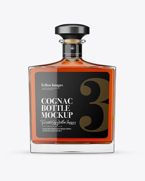 Square Clear Glass Bottle With Cognac Mockup
