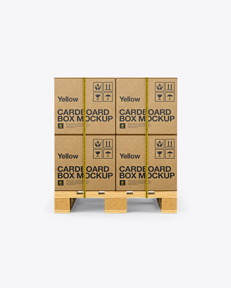 Wooden Pallet With 8 Cardboard Boxes Mockup - Front View