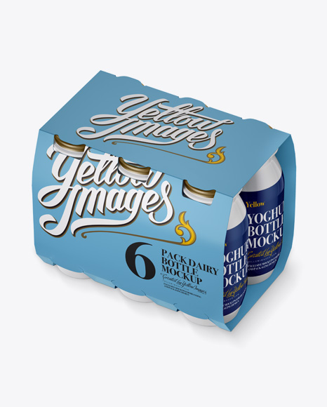 6 Pack Glossy Dairy Bottle Mockup - Halfside View (High Angle)