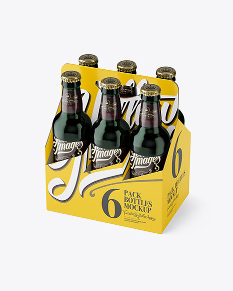 White Paper 6 Pack Green Bottle Carrier Mockup - Half Side View (High-Angle Shot)