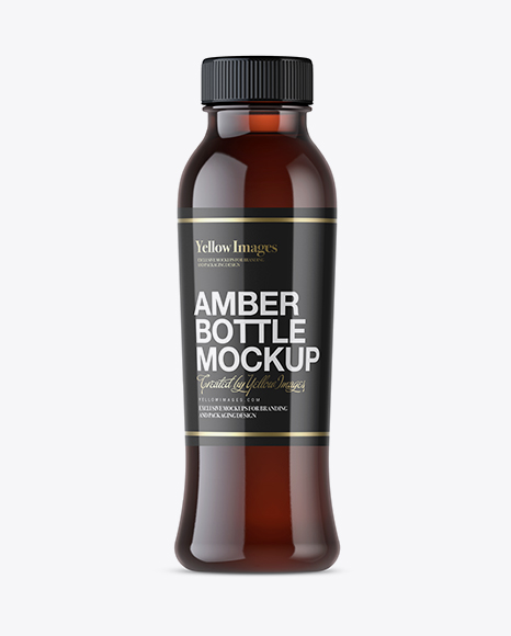 Amber Plastic Bottle With Drink Mockup - Front View