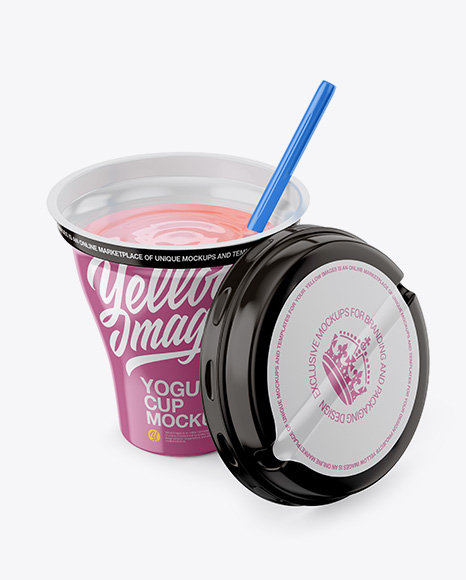 Opened 260g Yogurt Cup With Straw Mockup - Half Side View