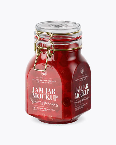 900ml Cherry Jam Glass Jar w/ Clamp Lid Mockup - Half Side View (High-Angle Shot)
