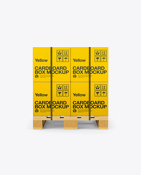 Wooden Pallet With 8 Strapped Carton Boxes Mockup - Front View