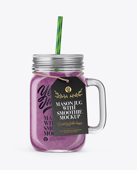 Closed Mason Jug with Straw and Label Mockup (Berries Smoothie)