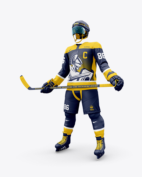 Men’s Full Ice Hockey Kit with Stick mockup (Half Side View)