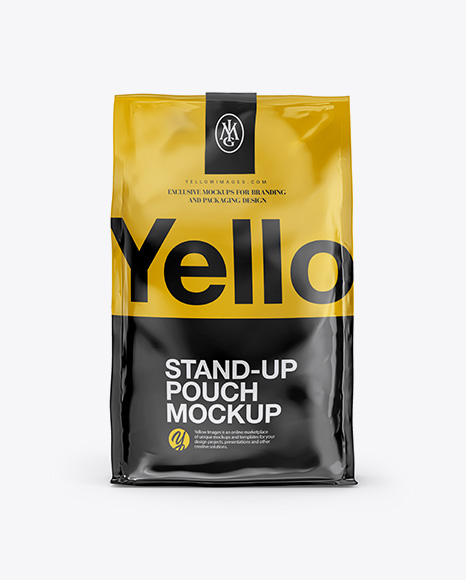 Stand Up Glossy Pouch with Sticker Mockup - Front View