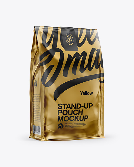 Stand Up Glossy Metallic Pouch with Sticker Mockup - Half Side View