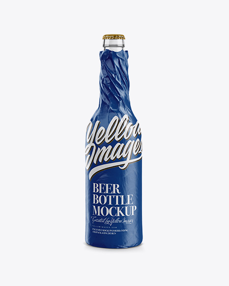 Clear Beer Bottle Wrapped in Glossy Paper Mockup