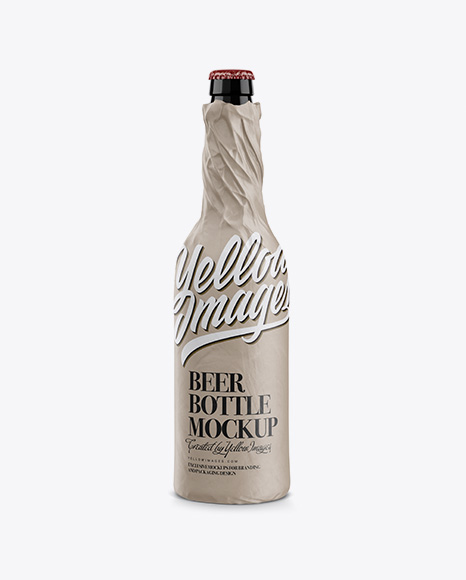 Glossy Beer Bottle Wrapped in Matte Paper Mockup