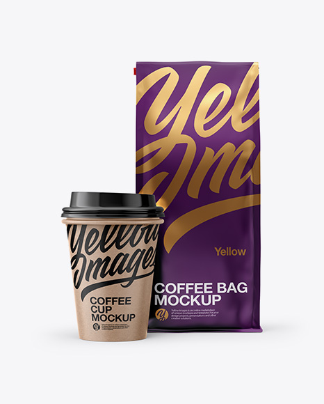 Matte Bag with Kraft Coffee Cup Mockup - Front View