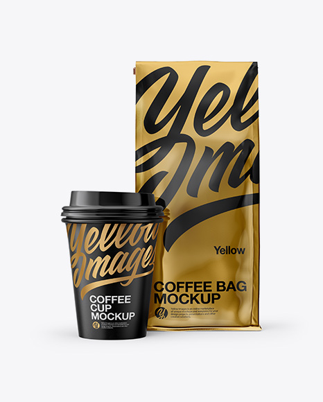 Metallic Bag with Coffee Cup Mockup - Front View