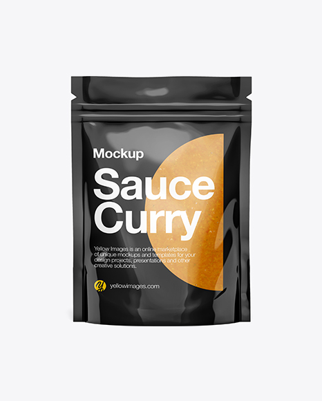 Glossy Transparent Stand-Up Pouch W/ Curry Sauce Mockup - Front View