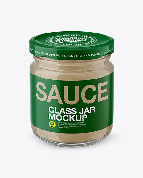 Glass Jar with Mushroom Sauce Mockup - Front View (High Angle Shot)