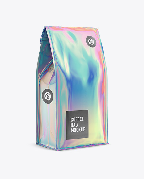 Holographic Foil Coffee Bag w/ a Tin-Tie Mockup - Halfside View