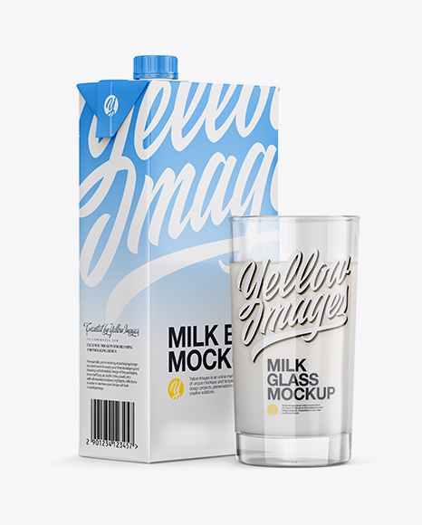 1L Milk Carton Pack With Glass Mockup - Halfside View