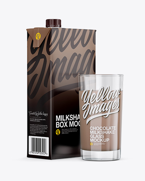 1L Carton Pack With Chocolate Milkshake Glass Mockup - Halfside View