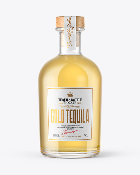 Gold Tequila Bottle with Wooden Cap Mockup