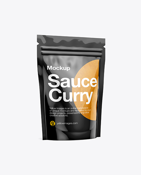 Glossy Transparent Stand-Up Pouch W/ Curry Sauce Mockup - Half Side View