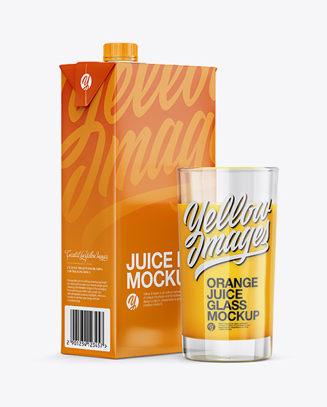 1L Carton Pack With Orange Juice Glass Mockup - Halfside View
