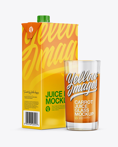 1L Carton Pack With Carrot Juice Glass Mockup - Halfside View