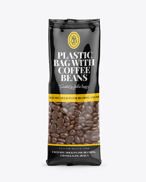 Clear Bag With Coffee Beans Mockup - Front View