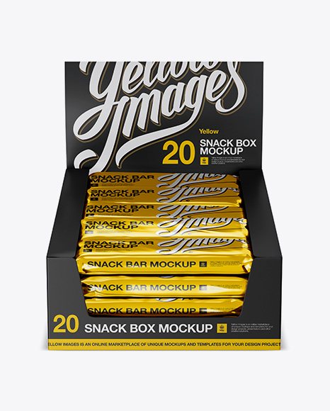 20 Metallic Snack Bars Display Box Mockup - Front View (High-Angle Shot)