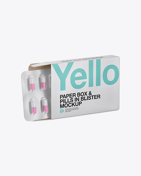 Opened Paper Box & Pills Blister Mockup - Half Side View (High-Angle Shot)