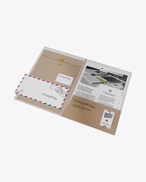 Kraft Folder with Papers and Envelope Mockup - Half Side View (High-Angle Shot)
