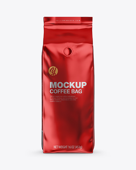 Glossy Metallic Coffee Bag with Valve Mockup - Front View