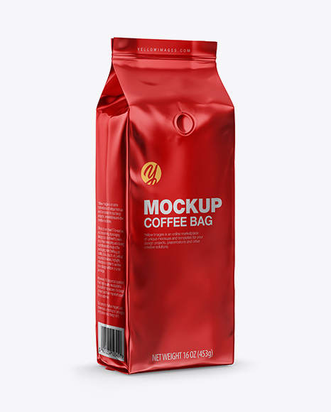 Glossy Metallic Coffee Bag with Valve Mockup - Half Side View