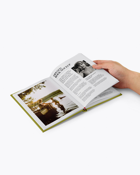 Opened Hardcover Book in a Hand Mockup - Half Side View