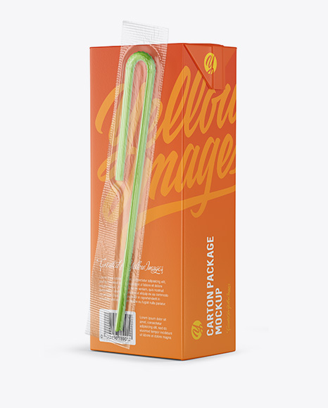 Carton Package with Straw Mockup - Halfside View