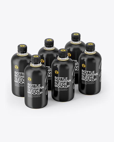 Bottles with Juice in Shrink Sleeves Mockup - Half Side View (High-Angle Shot)